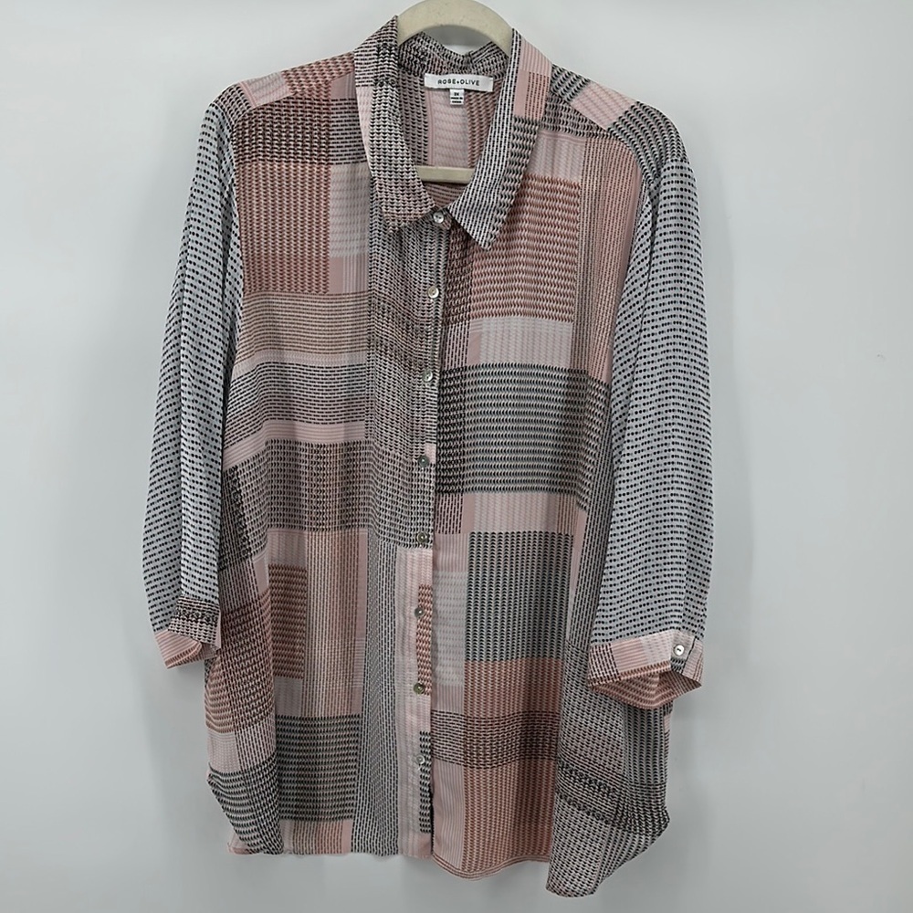 Rose & Olive Pink&Black Patterned Button Down Shirt with Long Sleeves Size 2x